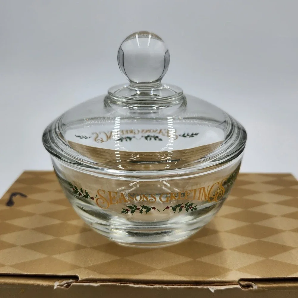 VTG Hometrends Anchor Hocking Glass Sugar & Cream Set Season Greetings Deadstock